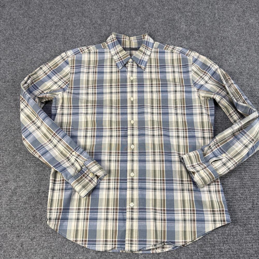 Vince Shirt Mens Large Blue Beige Plaid Long Sleeve Button Front Cotton